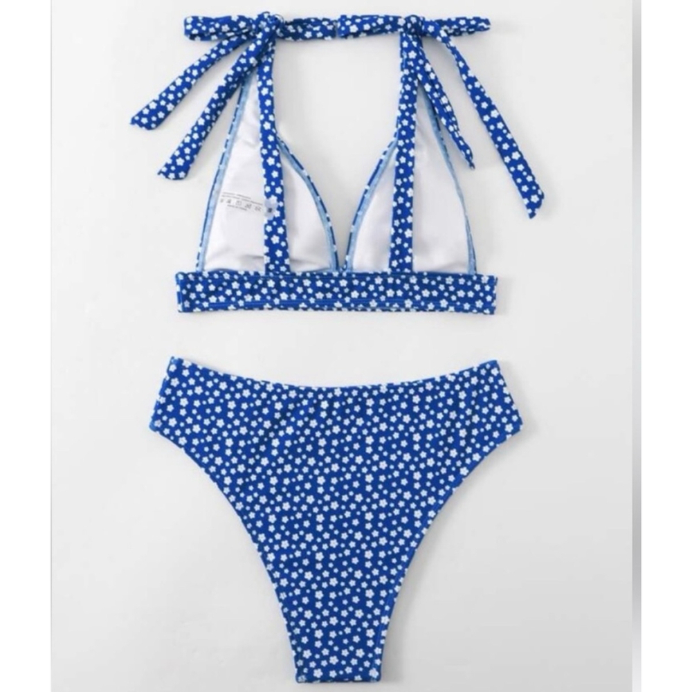 Blue Ditsy Floral Shoulder Ties High Waisted Bikini Set - Picture 3 of 6